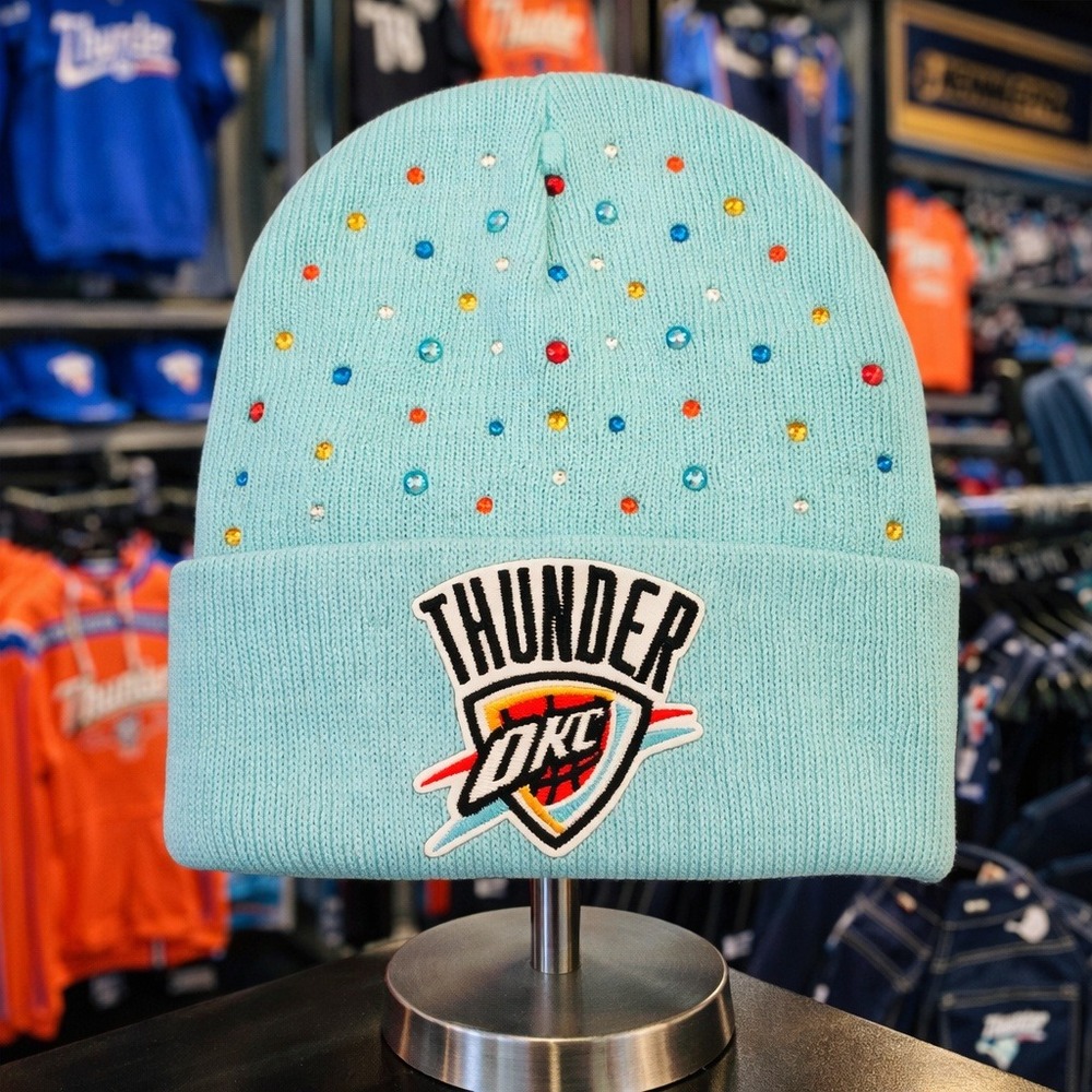 OKC Thunder Baby Blue Beanie‎ design with logo and rhinestones